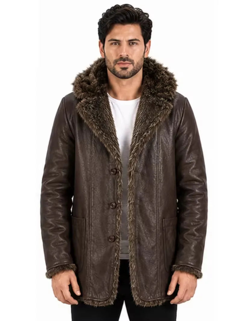 Men's black sheepskin sleeves leather coat, full length