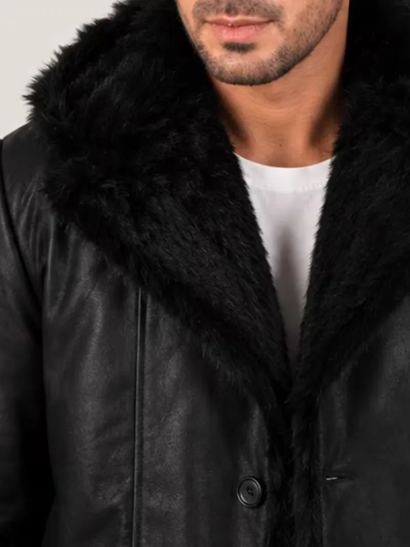 Men's black sheepskin sleeves leather coat, worn on model