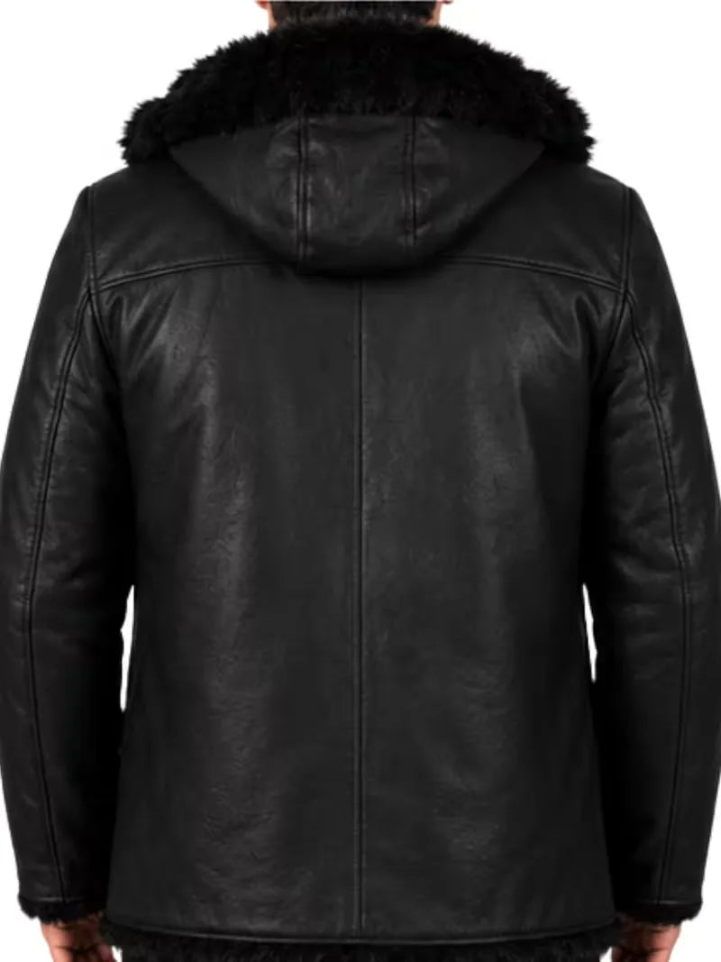 Men's black sheepskin sleeves leather coat, front view