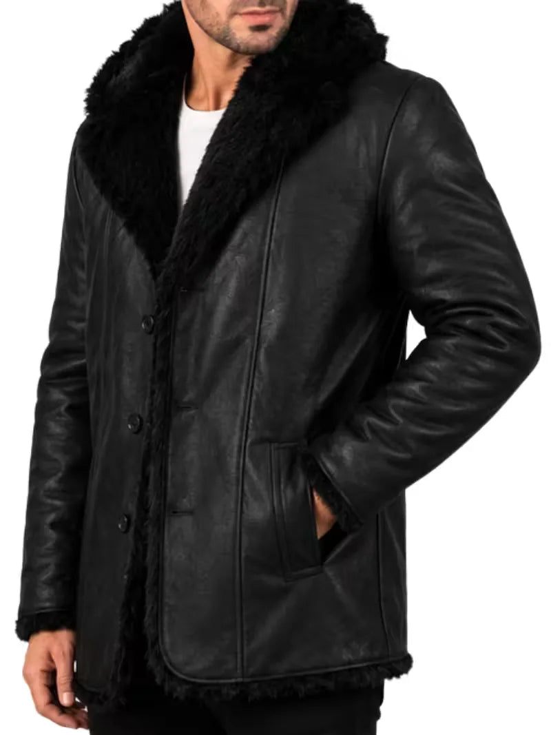 Men's black sheepskin sleeves leather coat, back view