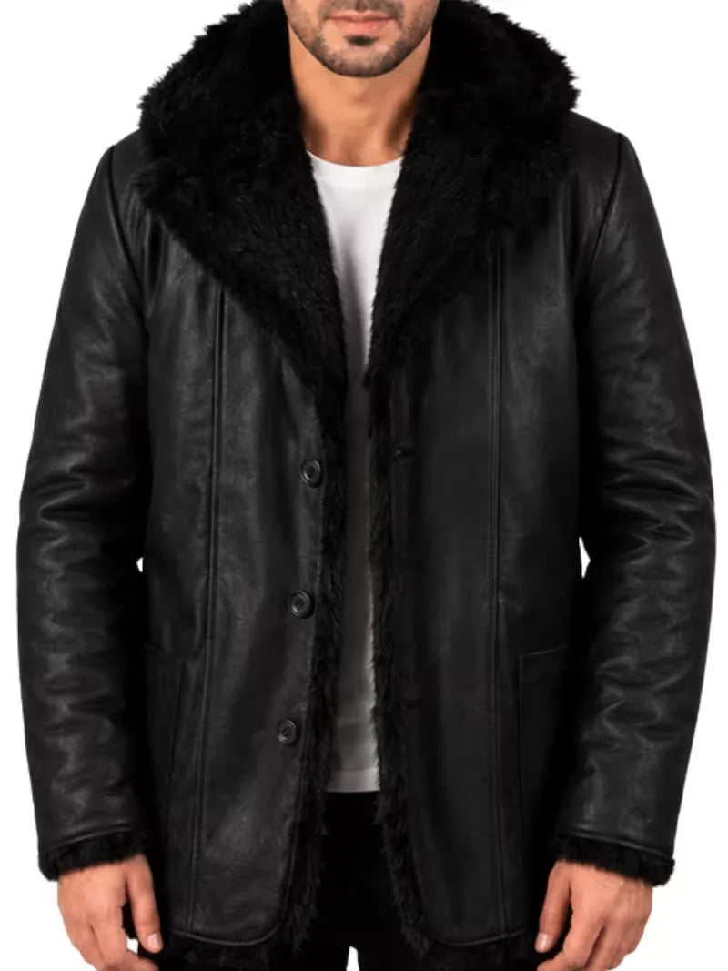 Men's black sheepskin sleeves leather coat, side view