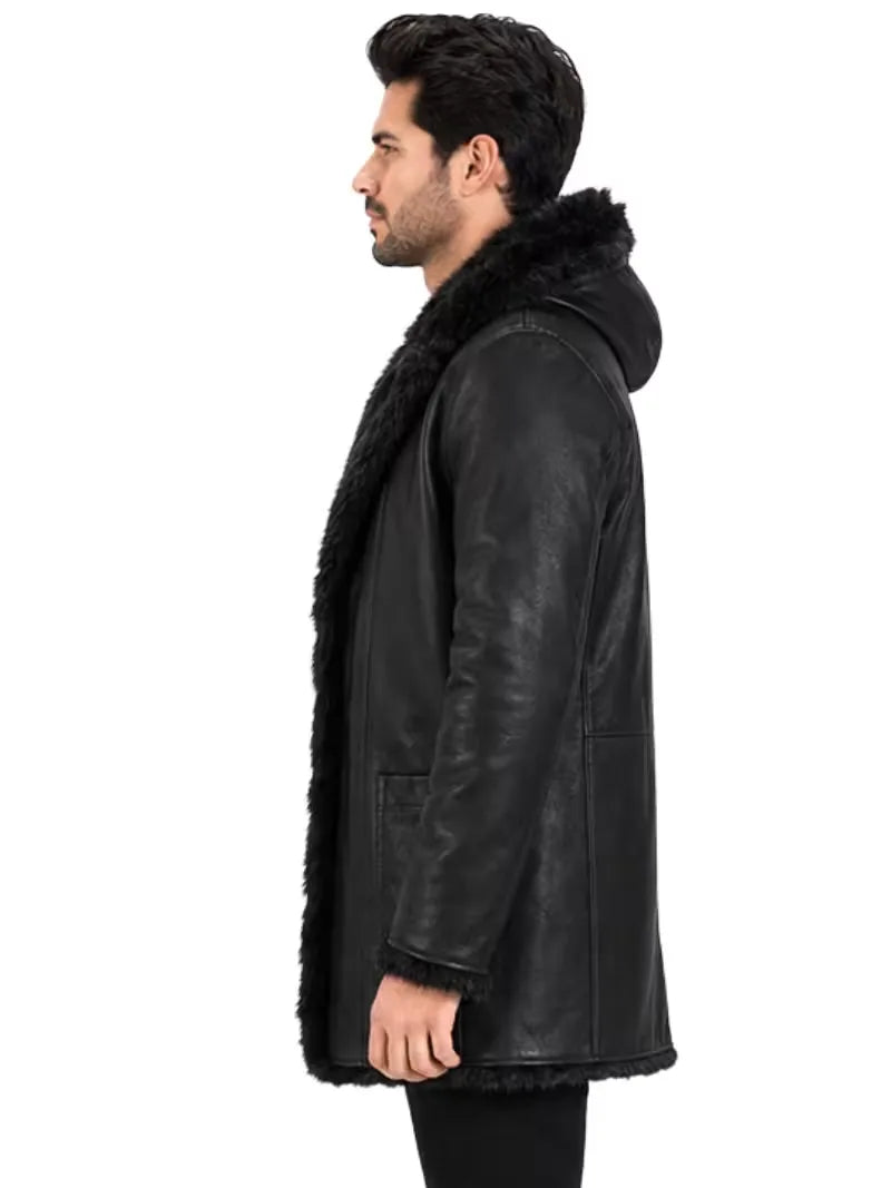 Men's black sheepskin sleeves leather coat, zip and closure detail