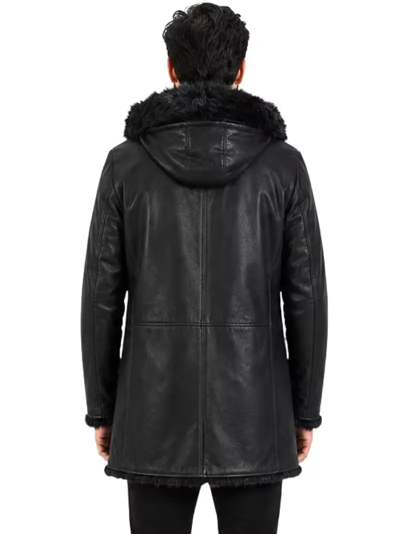 Men's black sheepskin sleeves leather coat, cuff detail