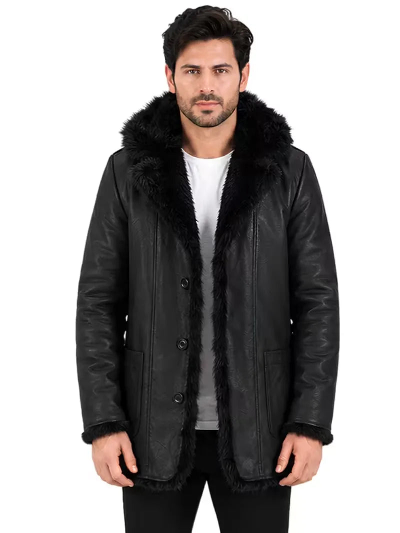 Men's black sheepskin sleeves leather coat, front view