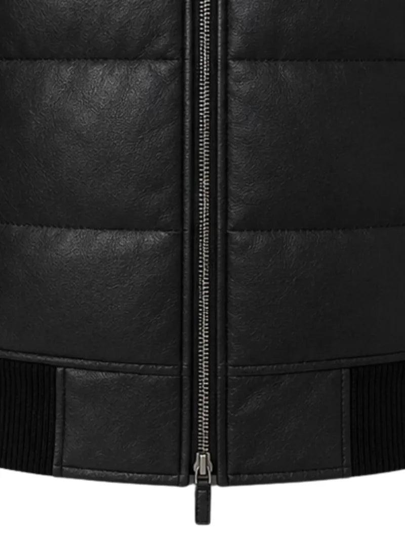 Men's black sheepskin leather jacket, pocket detail
