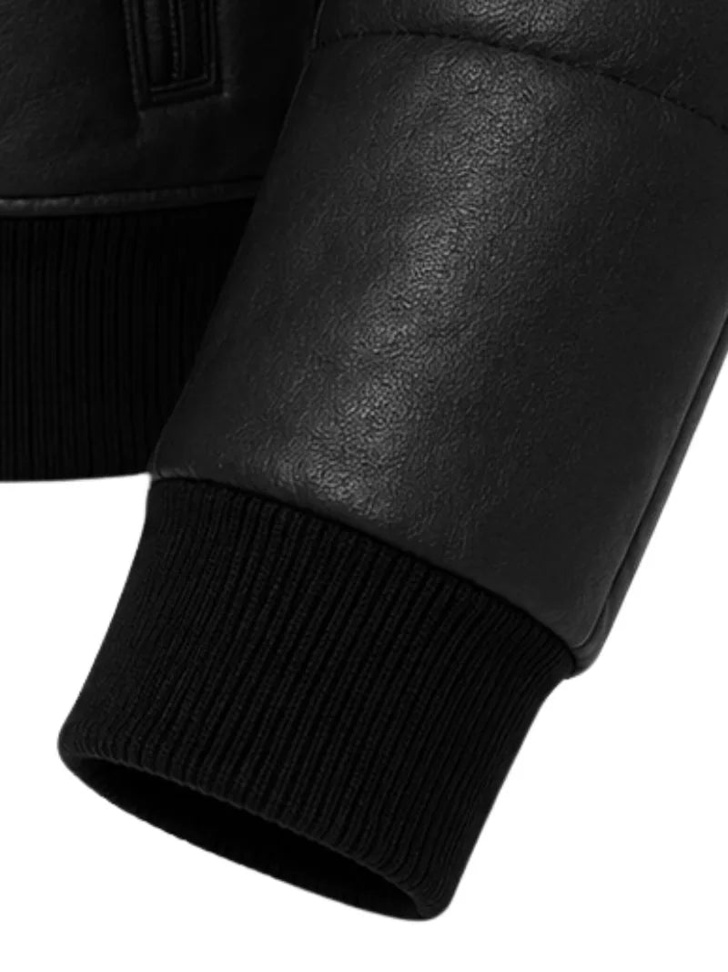 Men's black sheepskin leather jacket, lining detail