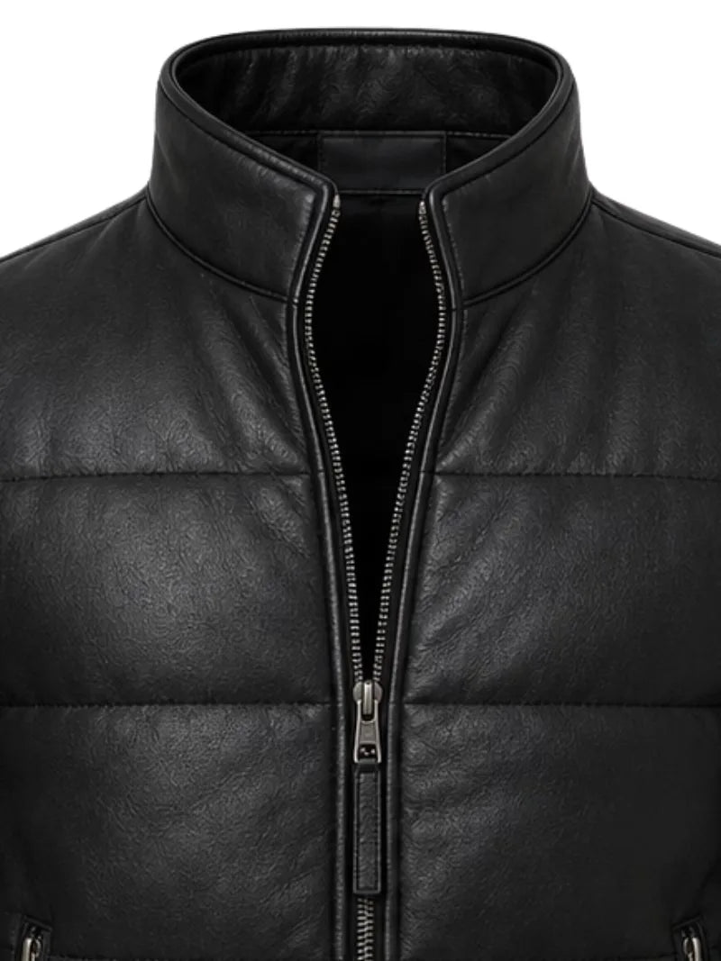 Men's black sheepskin leather jacket, zip and closure detail