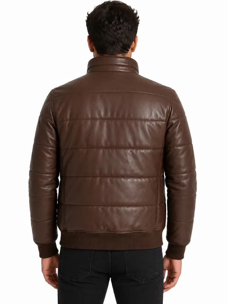 Men's black sheepskin leather jacket, collar detail