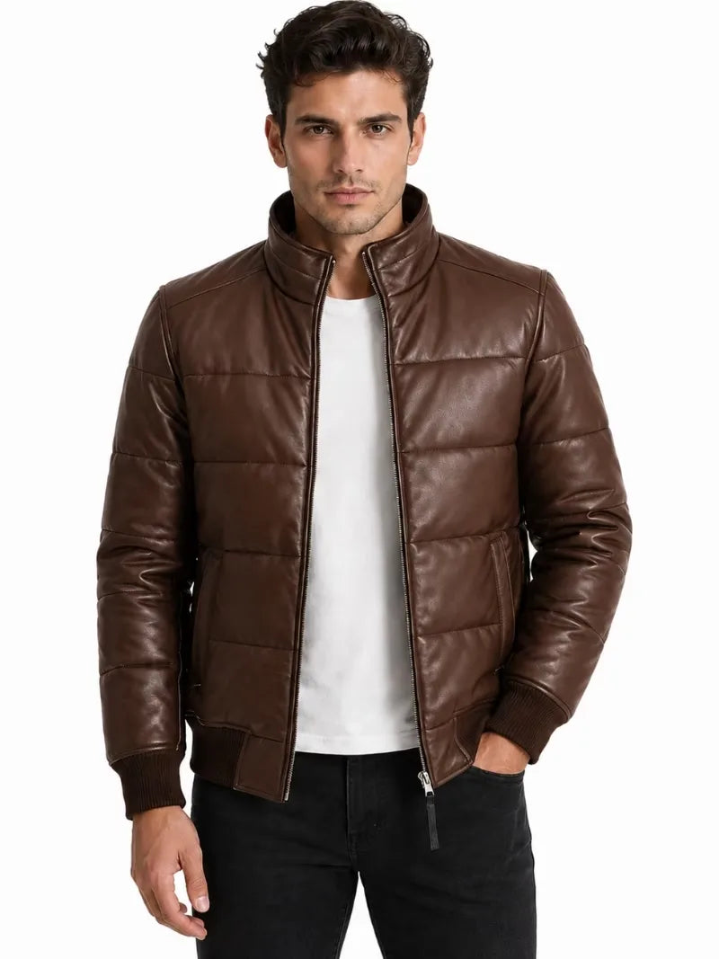 Men's black sheepskin leather jacket, side view