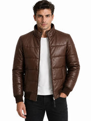 Men's black sheepskin leather jacket, side view