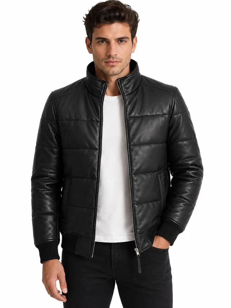 Men's black sheepskin leather jacket, front view