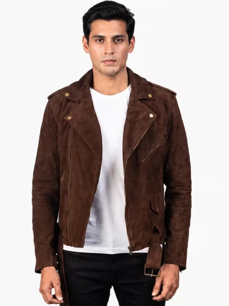 Men's black sheepskin leather biker jacket, zip and closure detail