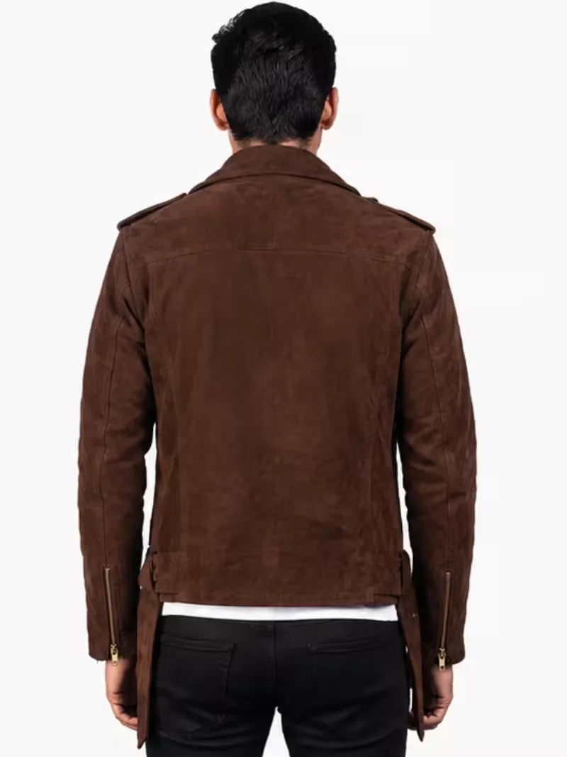 Men's black sheepskin leather biker jacket, cuff detail