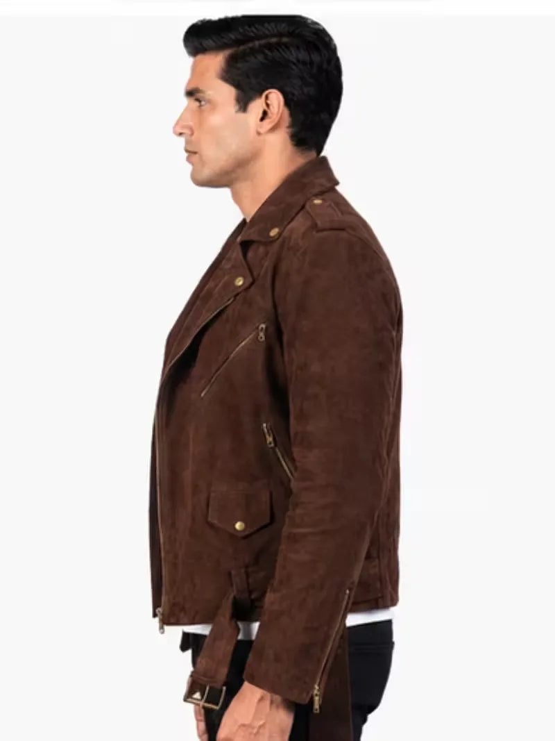 Men's black sheepskin leather biker jacket, pocket detail