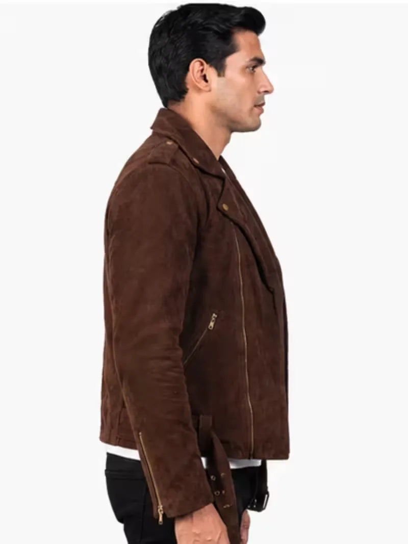 Men's black sheepskin leather biker jacket, lining detail