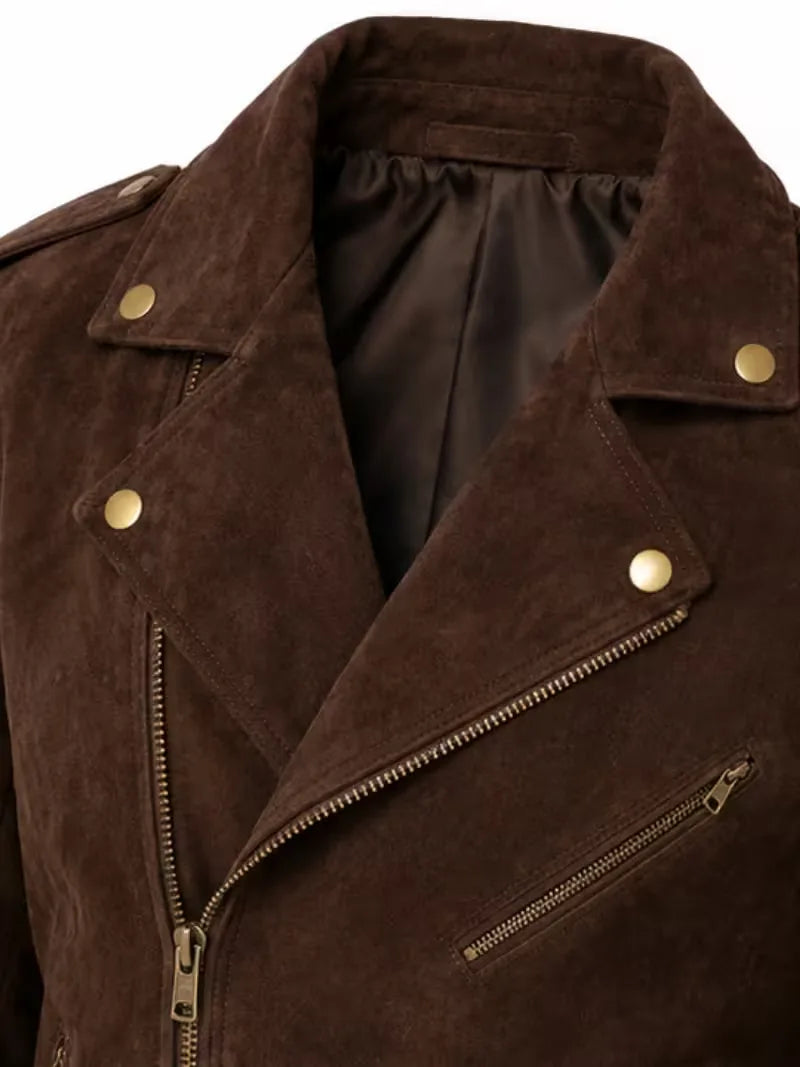 Men's black sheepskin leather biker jacket, side view