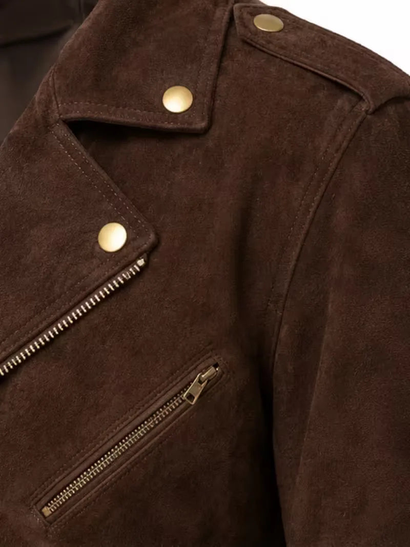 Men's black sheepskin leather biker jacket, collar detail