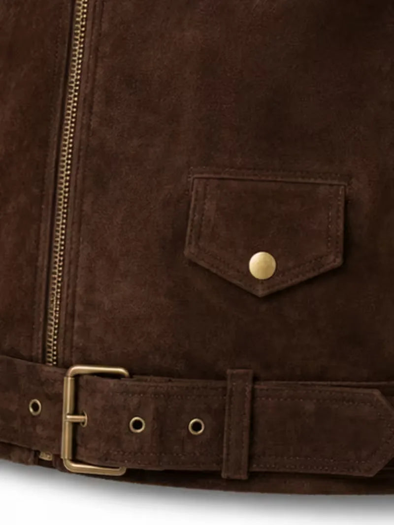 Men's black sheepskin leather biker jacket, zip and closure detail