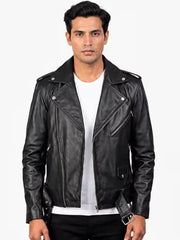 Men's black sheepskin leather biker jacket, front view