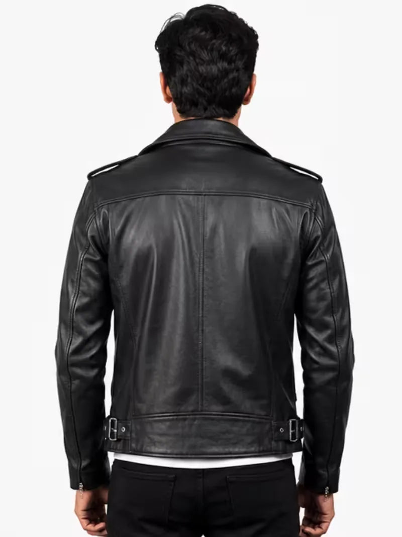 Men's black sheepskin leather biker jacket, back view