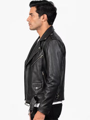 Men's black sheepskin leather biker jacket, side view