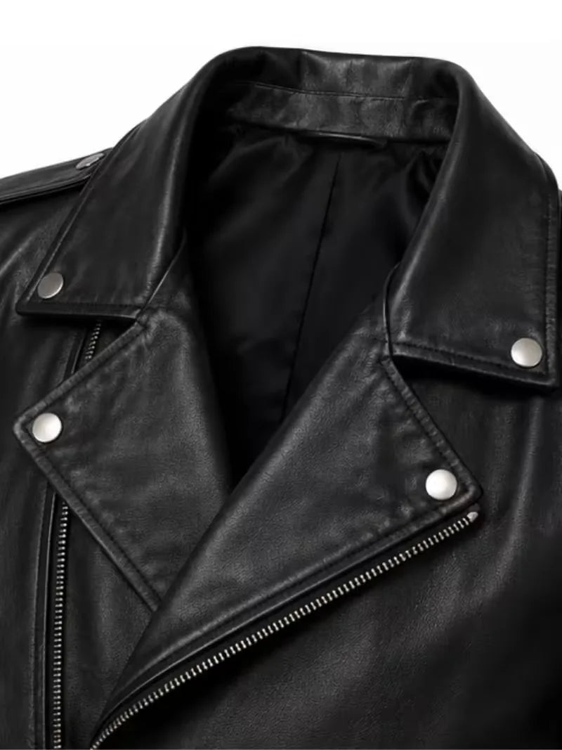 Men's black sheepskin leather biker jacket, full length