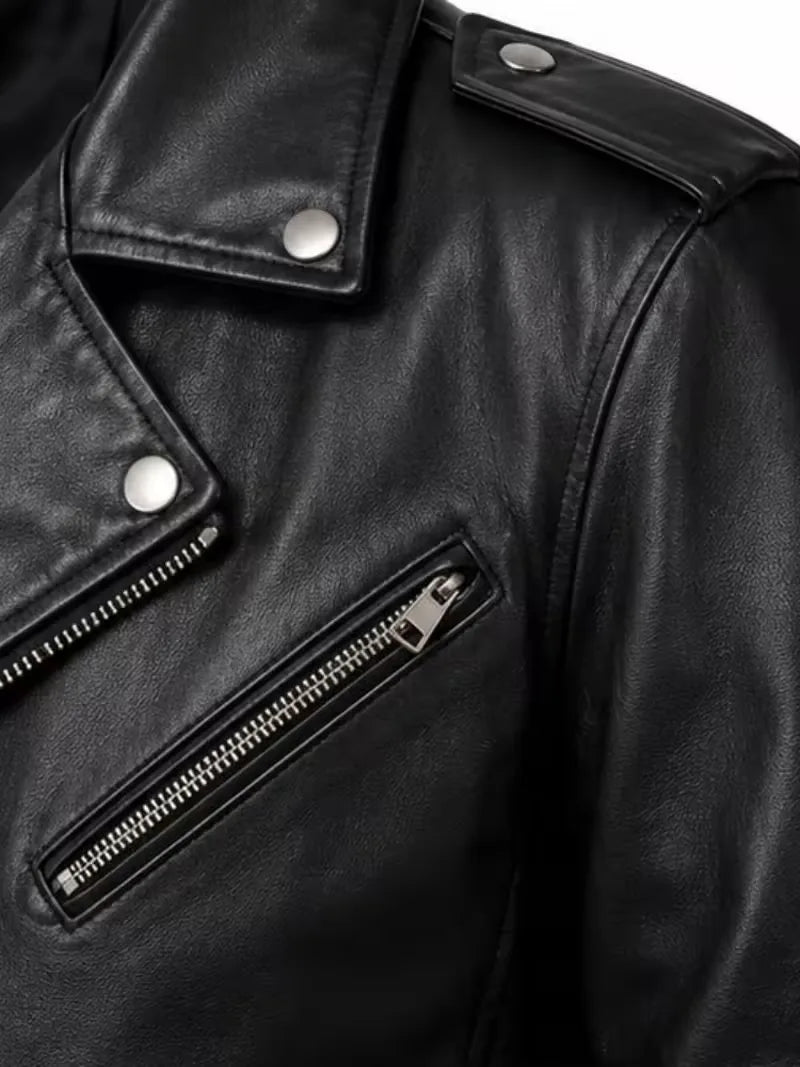 Men's black sheepskin leather biker jacket, worn on model