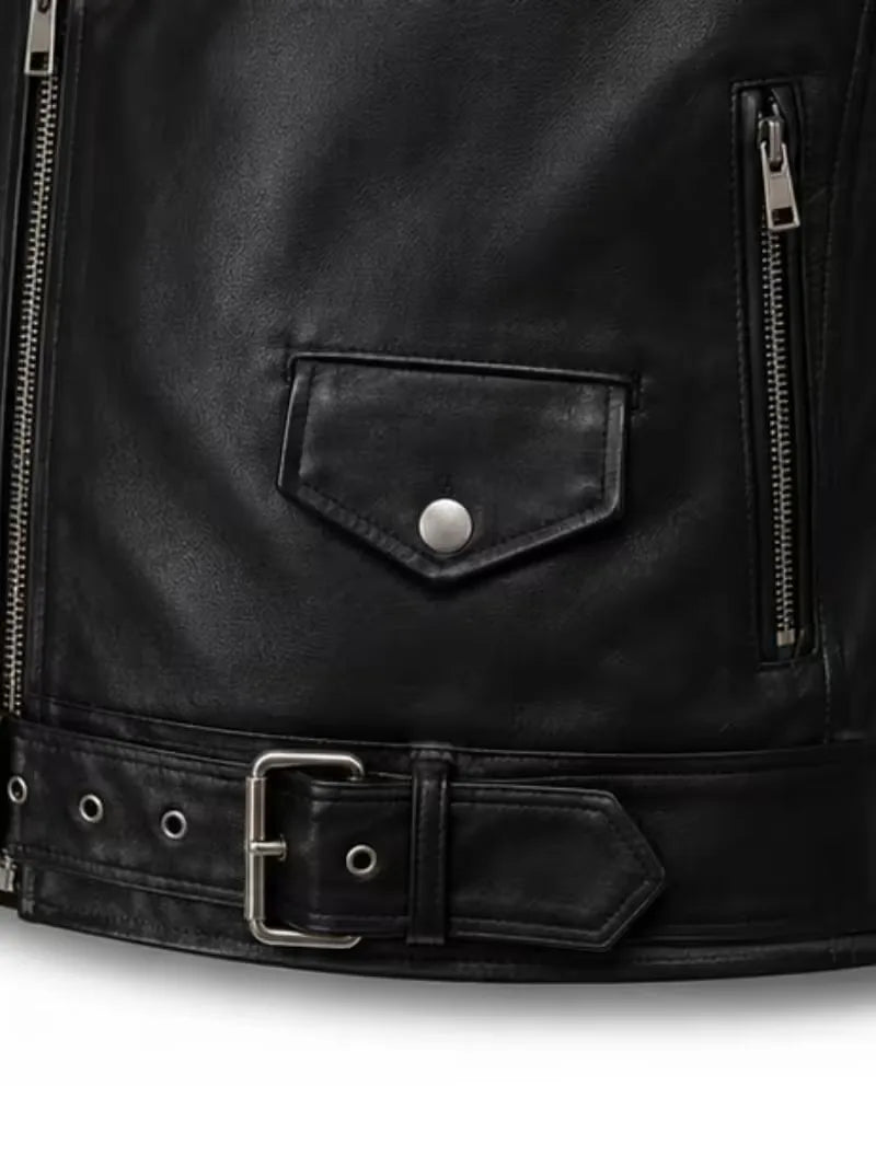 Men's black sheepskin leather biker jacket, front view