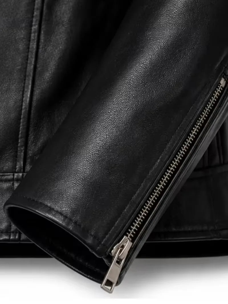 Men's black sheepskin leather biker jacket, back view