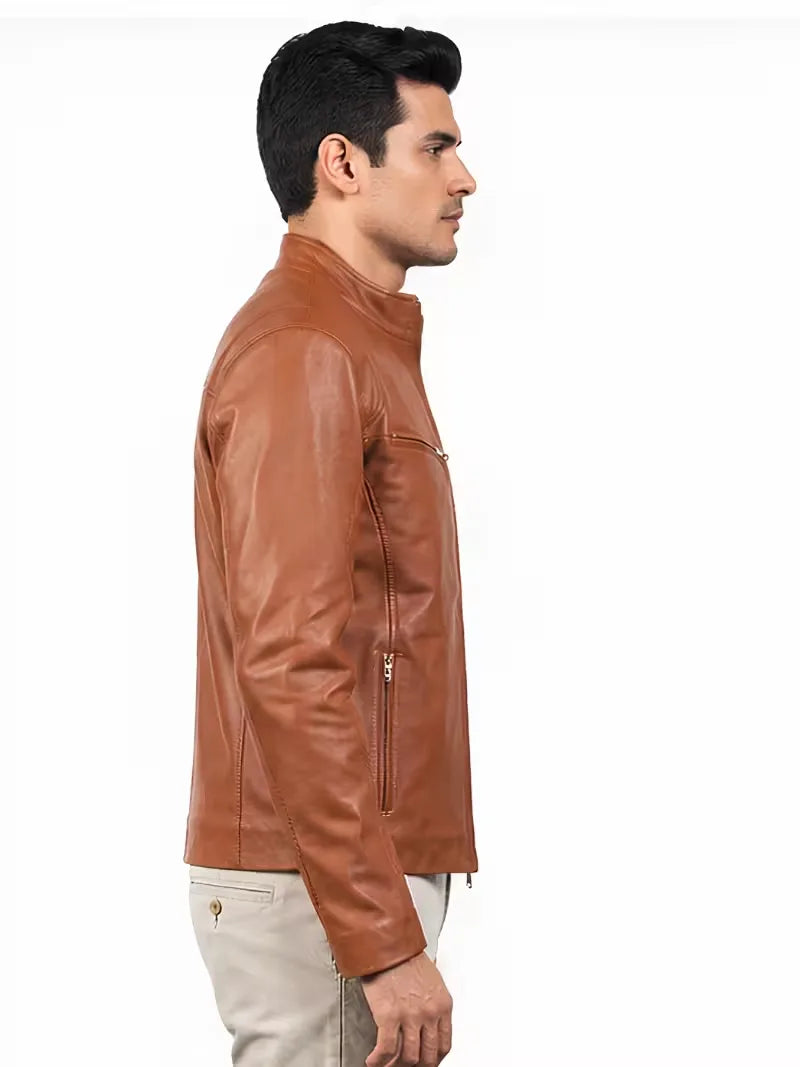 Men's black sheepskin leather jacket, pocket detail