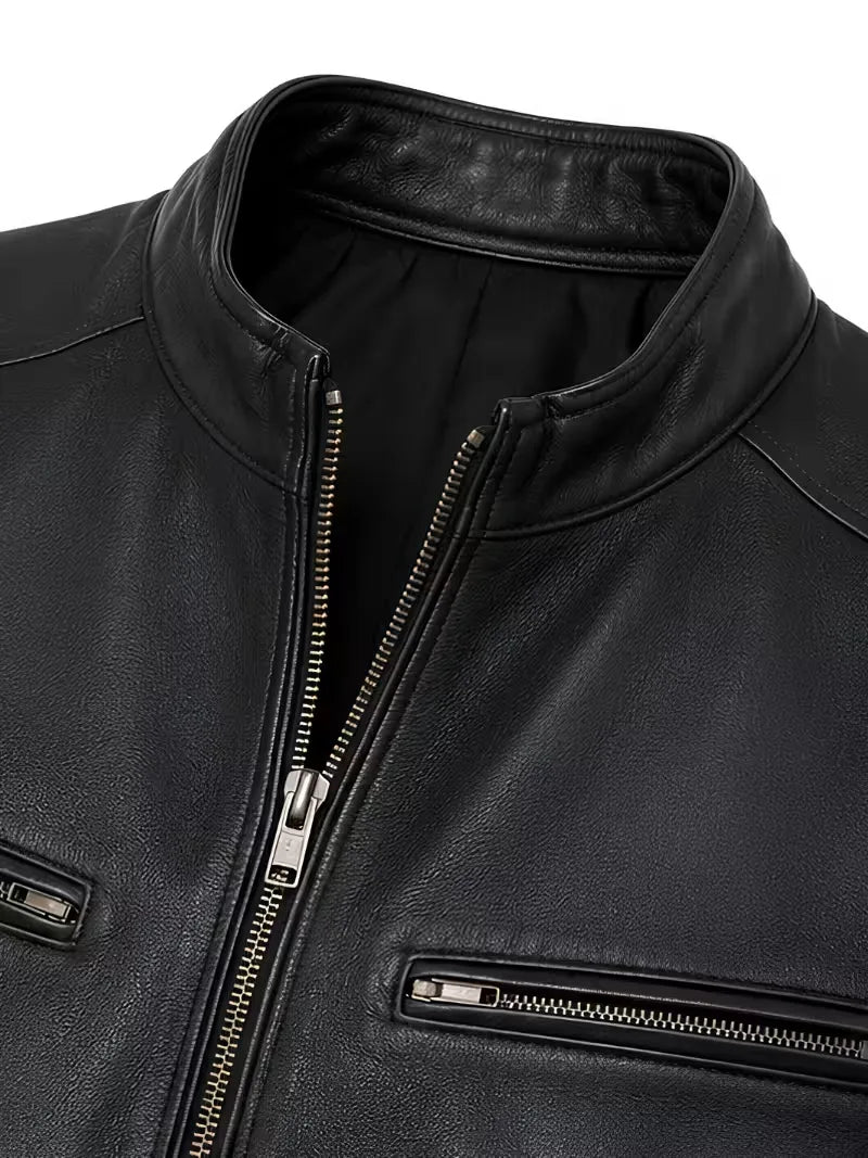 Men's black sheepskin leather jacket, full length