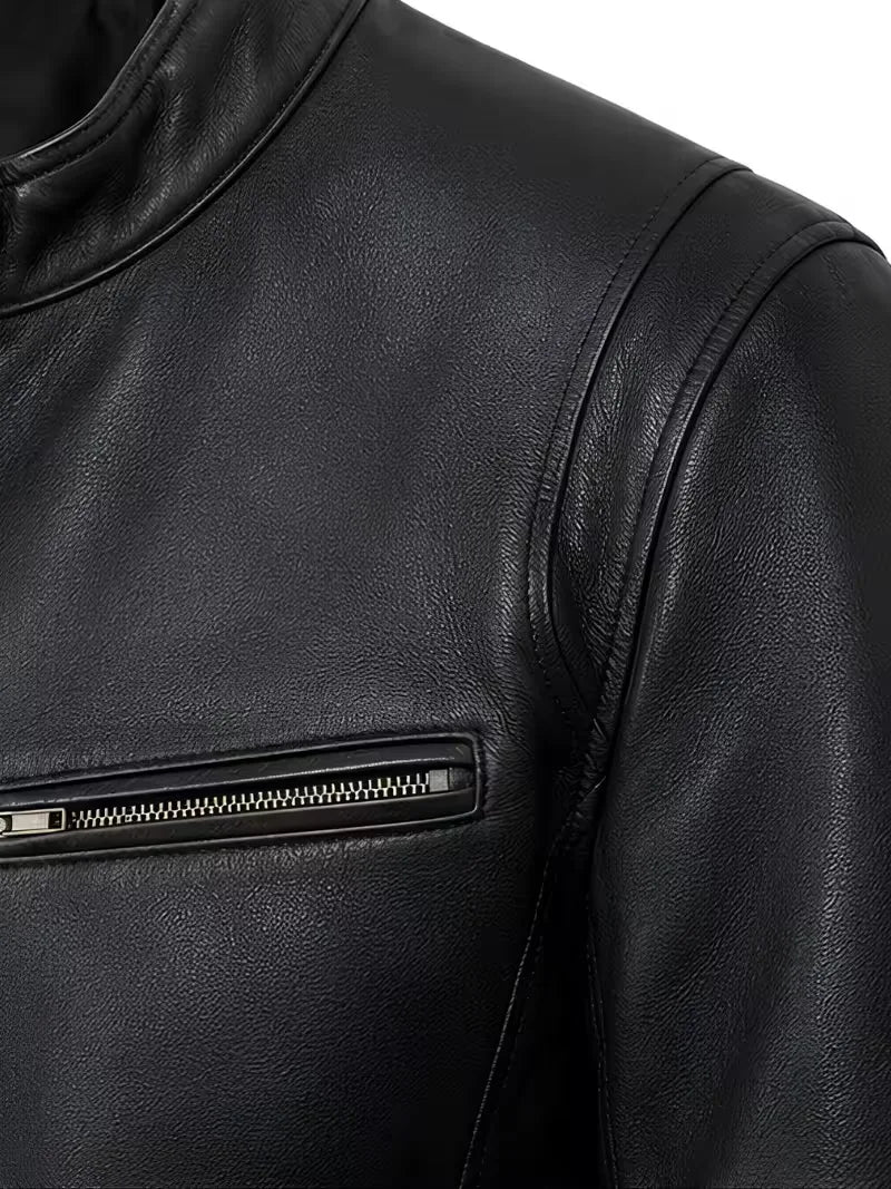 Men's black sheepskin leather jacket, worn on model