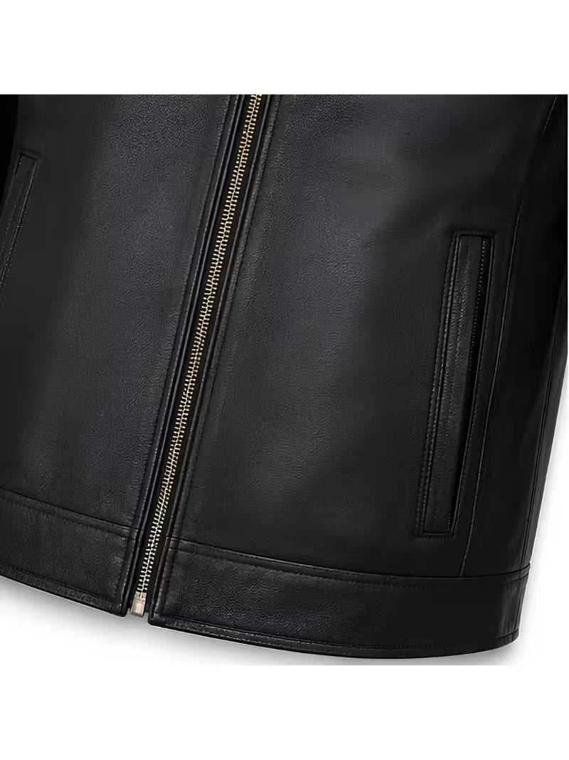 Men's black sheepskin leather jacket, front view