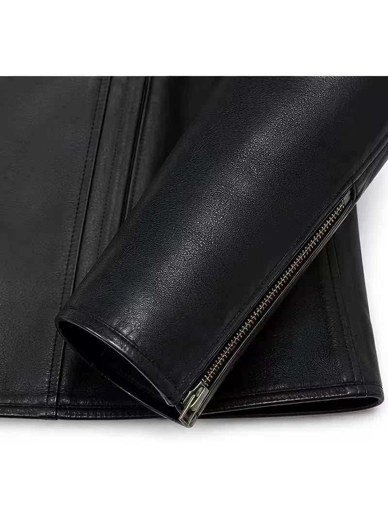 Men's black sheepskin leather jacket, back view