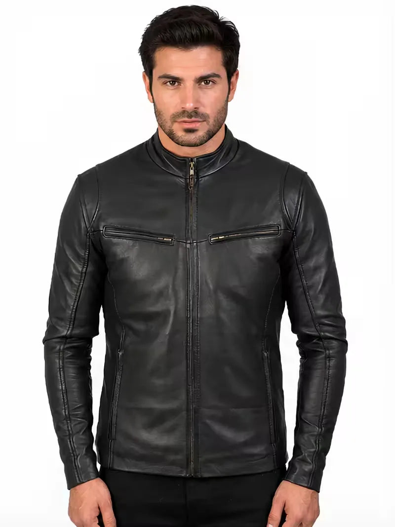 Men's black sheepskin leather jacket, front view