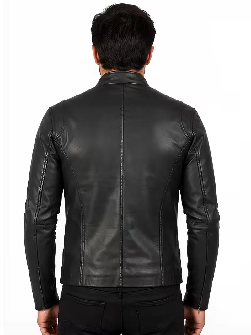 Men's black sheepskin leather jacket, back view