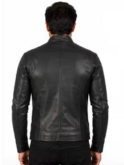 Men's black sheepskin leather jacket, back view