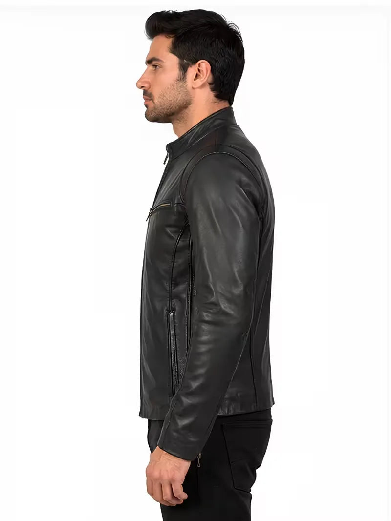 Men's black sheepskin leather jacket, collar detail