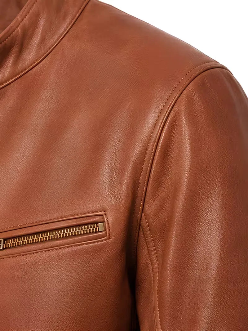 Men's black sheepskin leather jacket, zip and closure detail