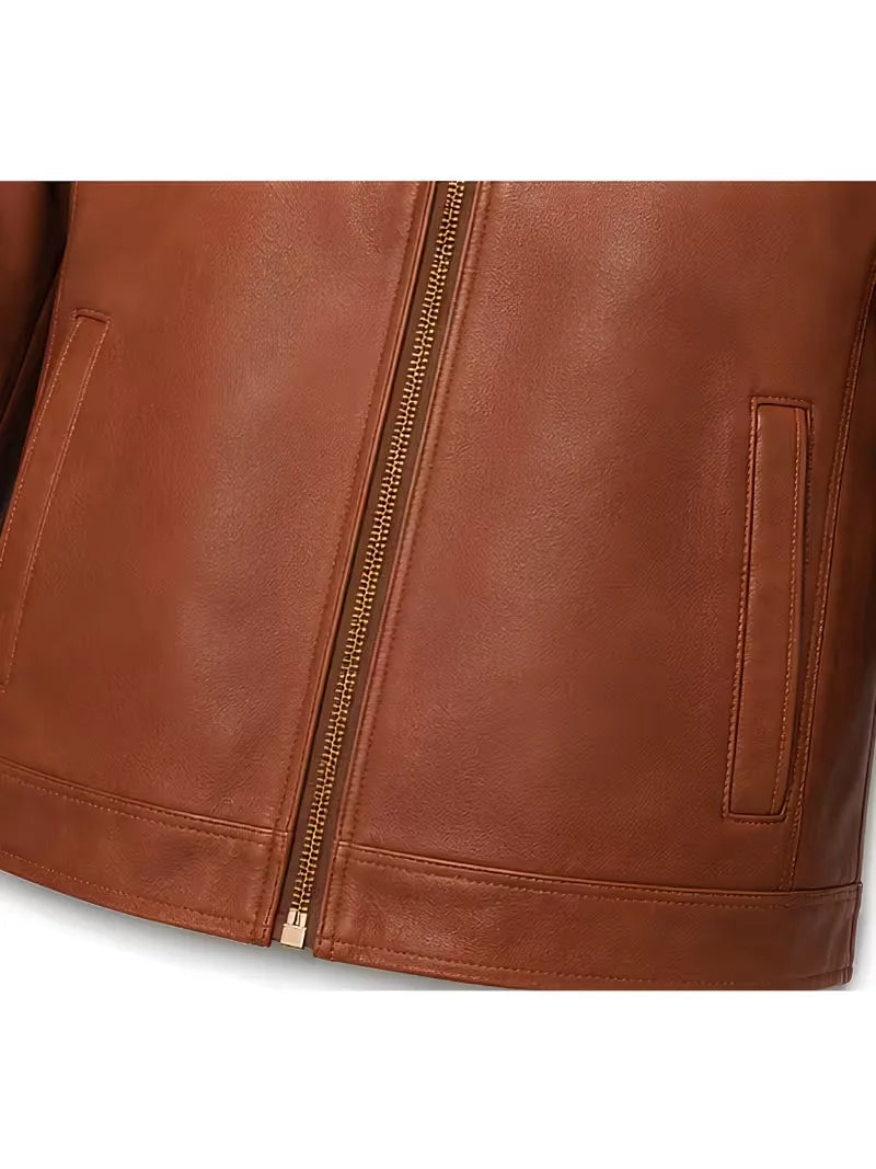 Men's black sheepskin leather jacket, collar detail