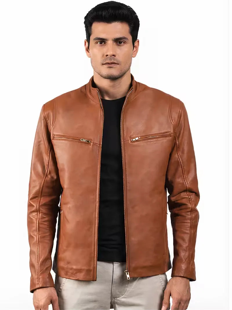 Men's black sheepskin leather jacket, zip and closure detail