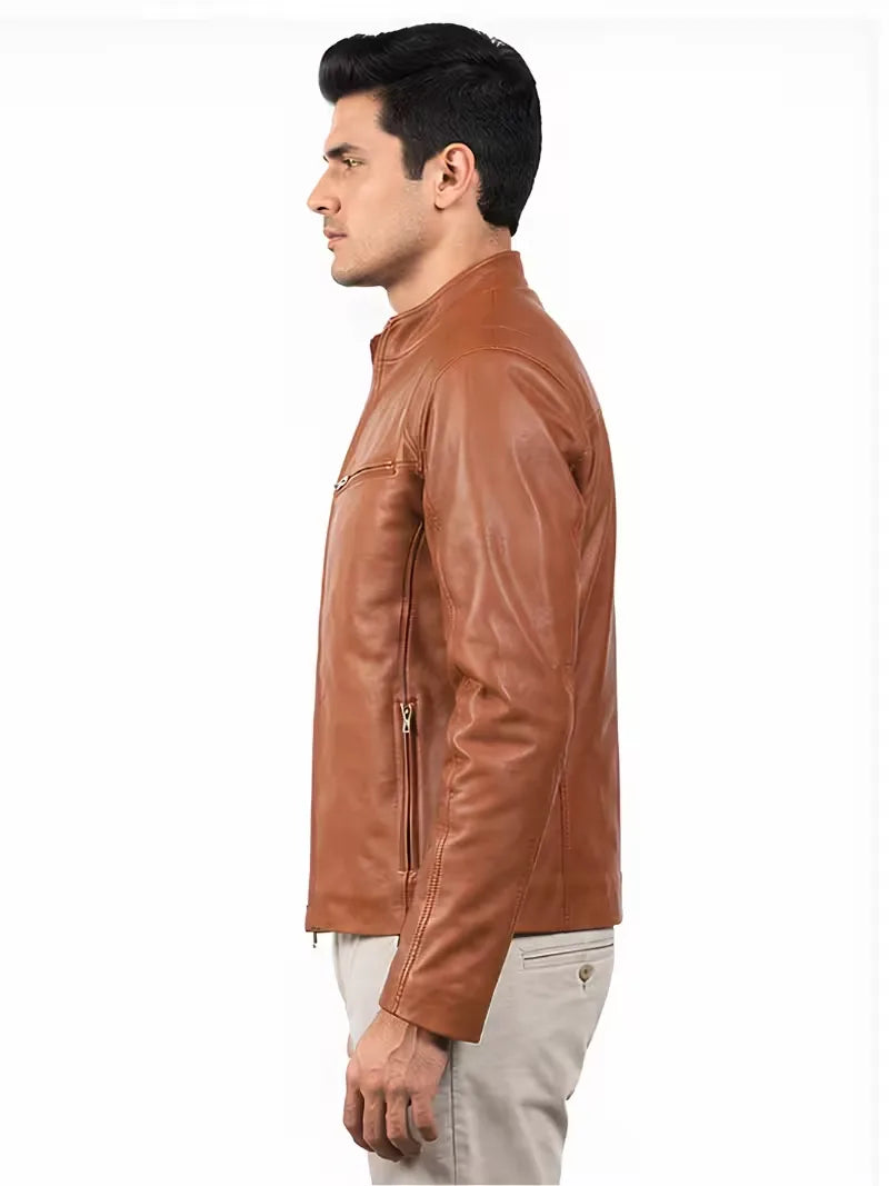 Men's black sheepskin leather jacket, lining detail