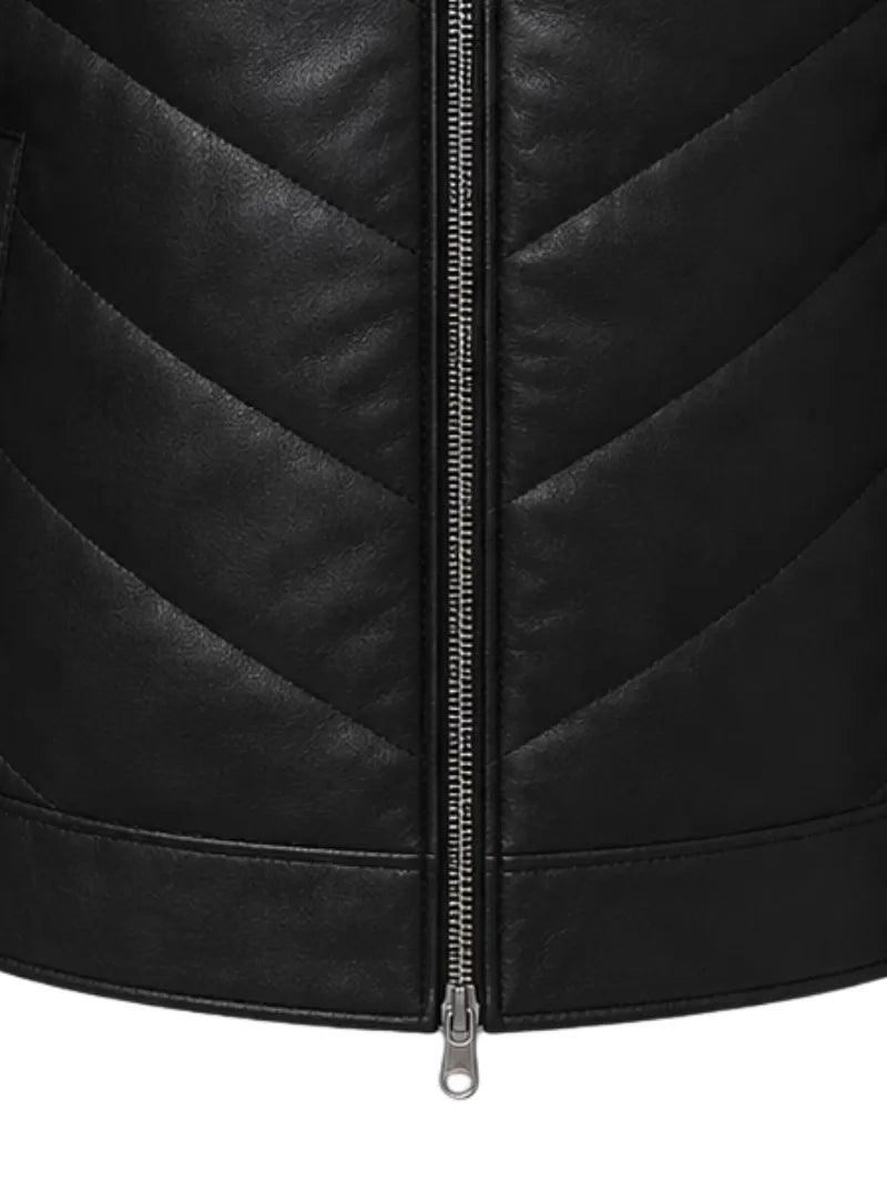 Men's black sheepskin leather jacket, pocket detail