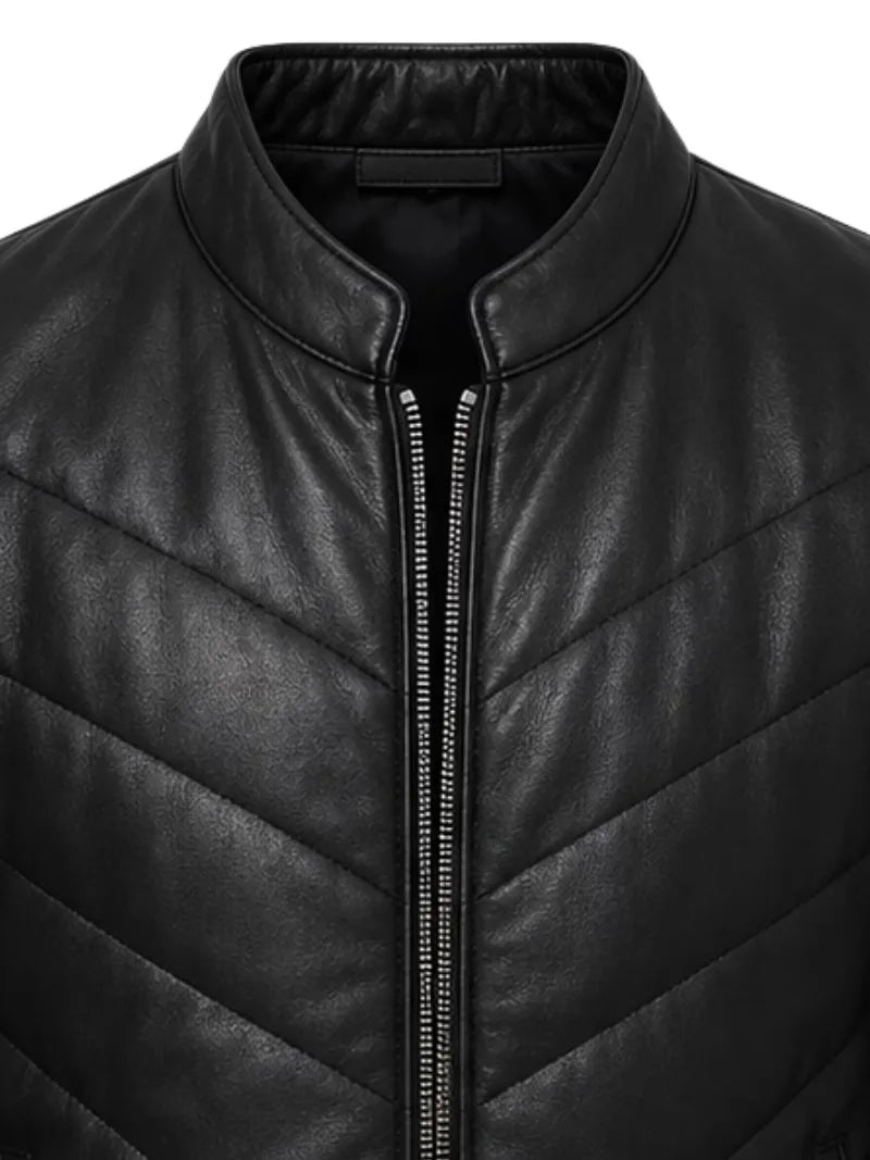Men's black sheepskin leather jacket, zip and closure detail