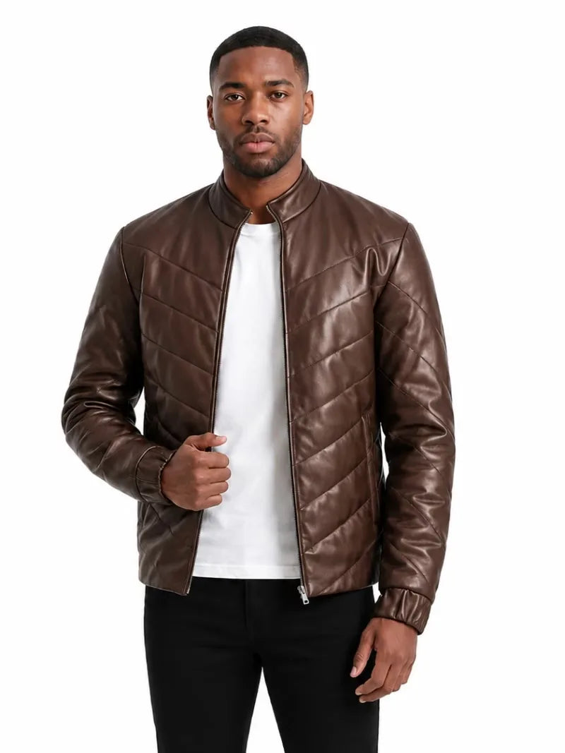 Men's black sheepskin leather jacket, side view