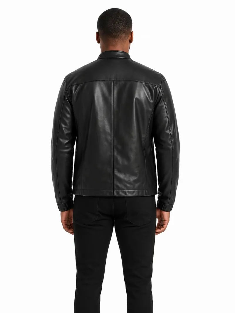 Men's black sheepskin leather jacket, back view