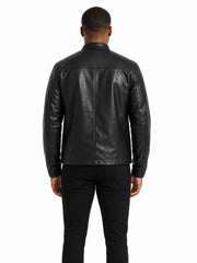 Men's black sheepskin leather jacket, back view