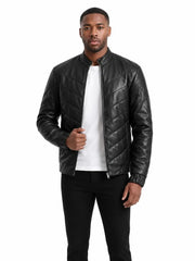 Men's black sheepskin leather jacket, front view