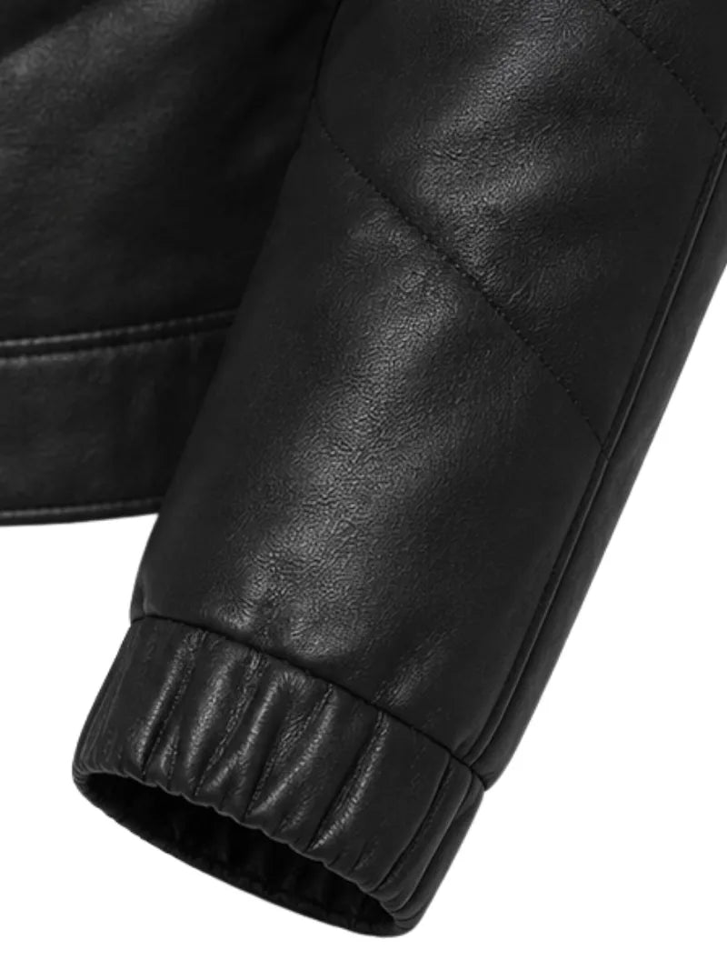 Men's black sheepskin leather jacket, lining detail