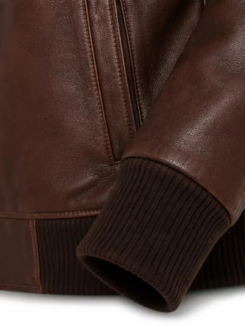 Men's black sheepskin leather jacket, cuff detail